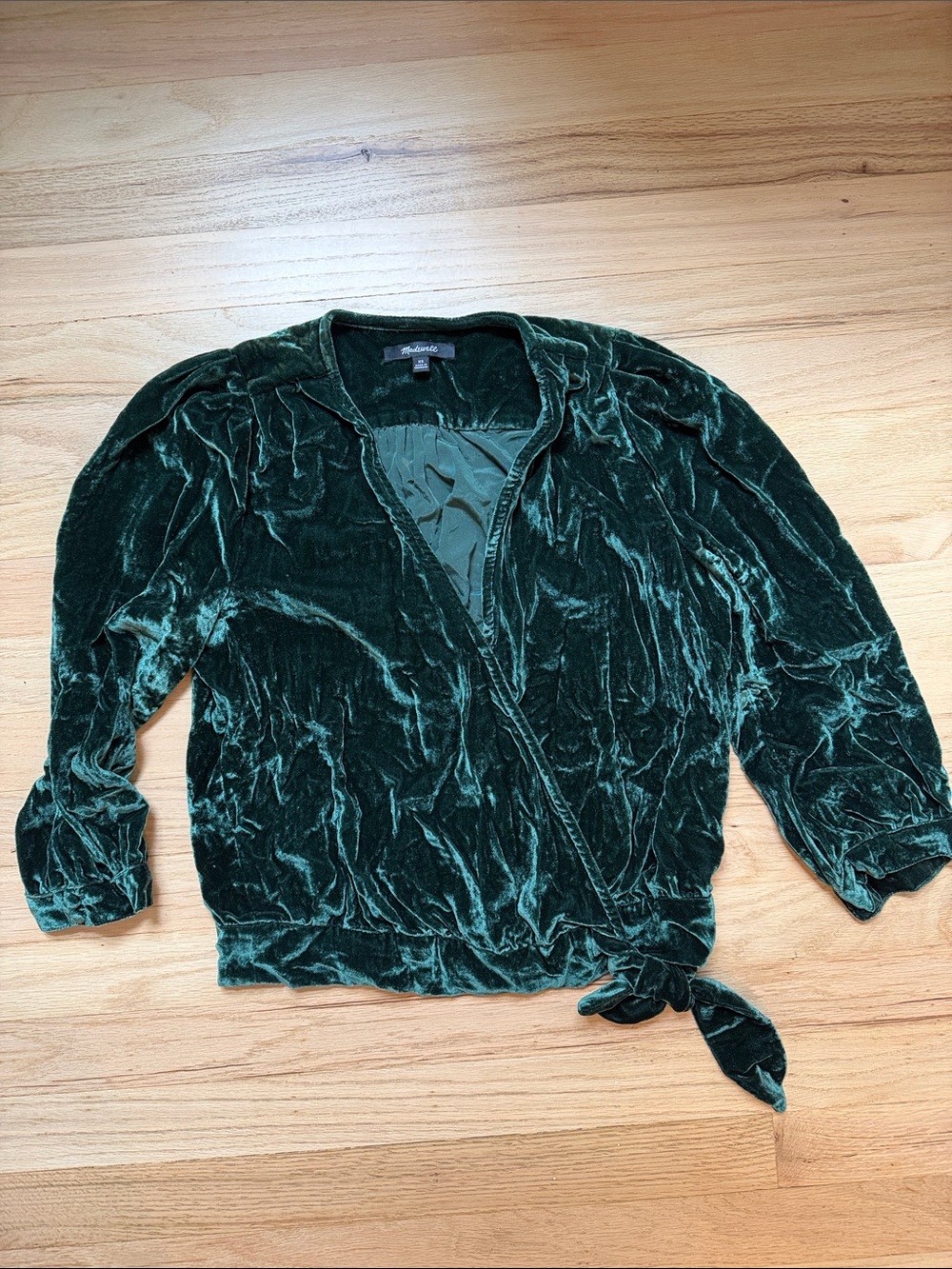 Madewell Emerald Green Velvet Tie-Waist Wrap Top